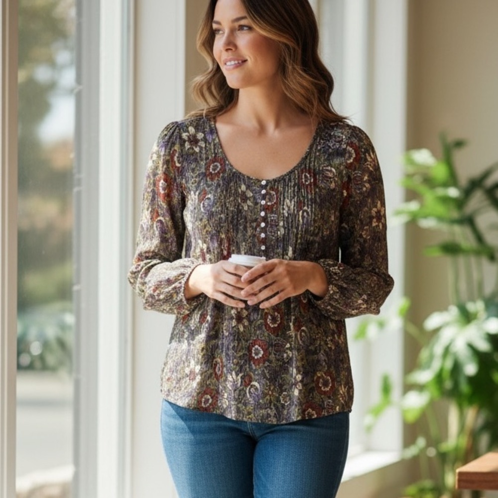Jane & Delancey Woman’s Floral Print Long-Sleeve Top - Size Large - PTP 21” - Picture 4 of 7